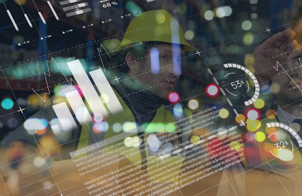 Image of graphs and financial data over diverse coworkers in warehouse. business, finance, economy and parcel concept digitally generated image.