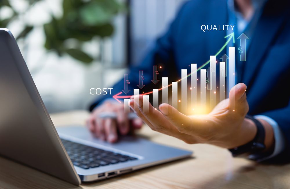Business management and corporate strategy concept, improving product quality through cost optimization, quality control, and performance enhancement for company growth.