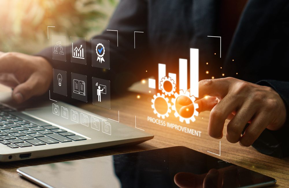 Process improvement concept, Continuous improvement,  Improve the efficiency and effectiveness of company and industry operations Businessman solving problems improving organizational processes.