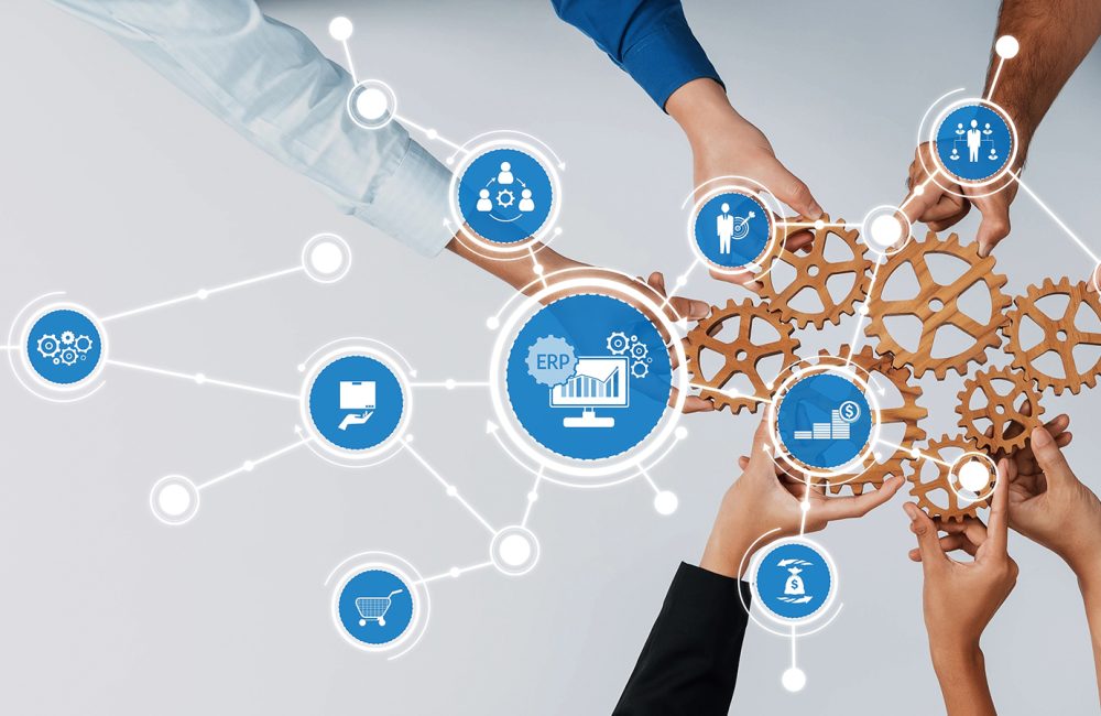 This dynamic image showcases collaboration among diverse teams using gears and digital icons. It focuses on ERP integration and enhancing workflow efficiency in business strategies. Amity